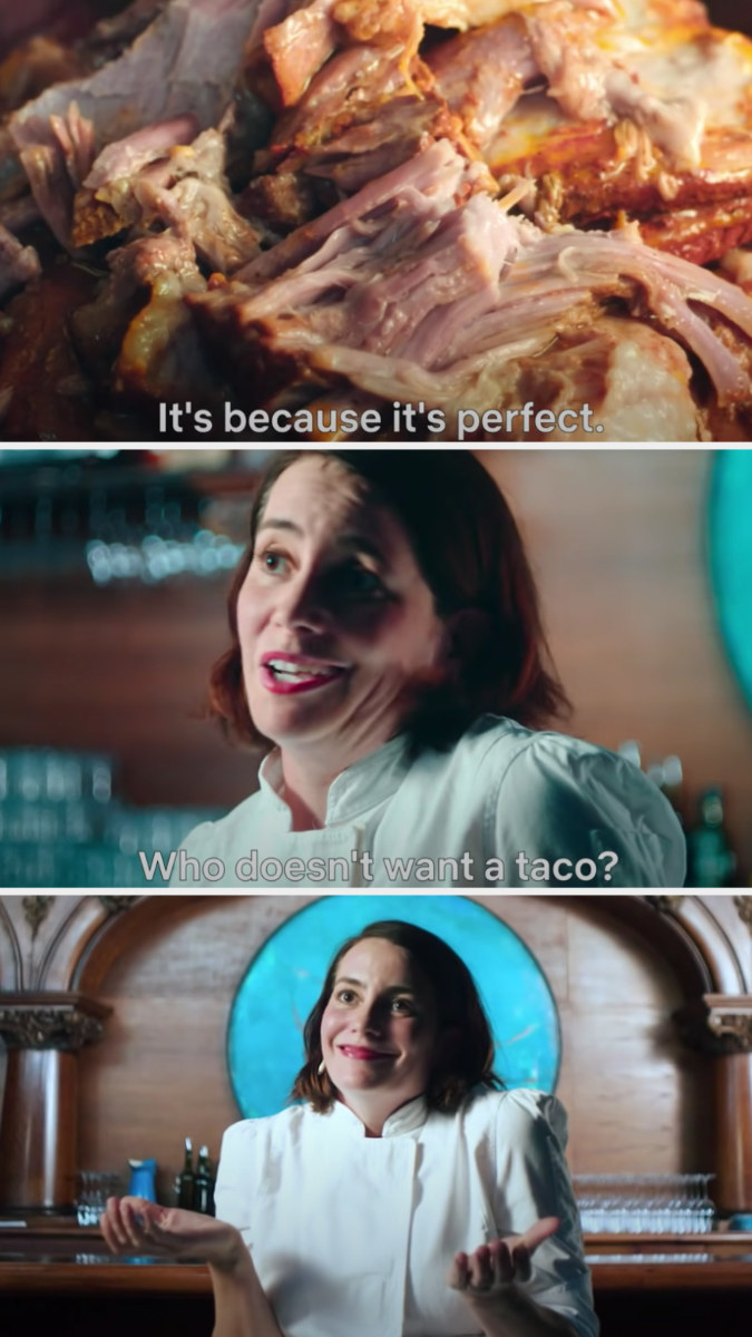 Caption saying, &quot;It&#x27;s because it&#x27;s perfect&quot; over a picture of juicy roasted pork, and a chef exclaiming, &quot;Who doesn&#x27;t want a taco?&quot; and shrugging while smiling