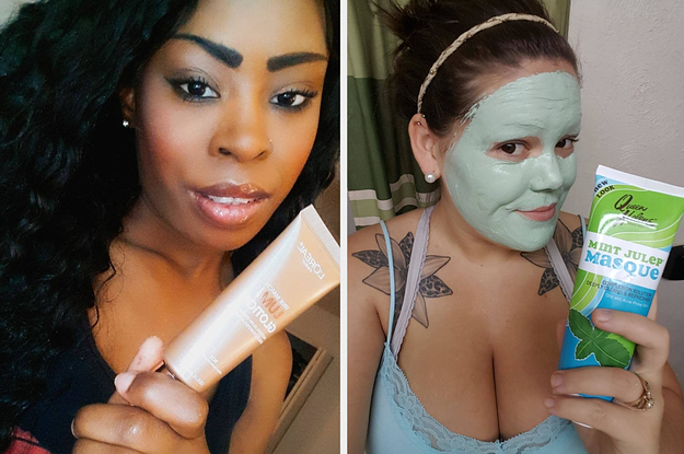 Reviewer wearing L'Oreal Lumi Glowtion, and reviewer wearing Mint Julep Masque