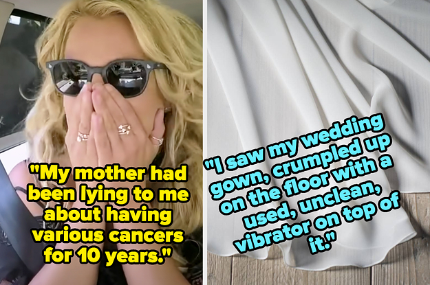 Left: Britney Spears holds her hands up to cover her mouth in "The Late Late Show with James Corden" Right: Part of a wedding dress lays on a wooden floor