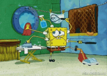 Spongebob cleaning with six different arms