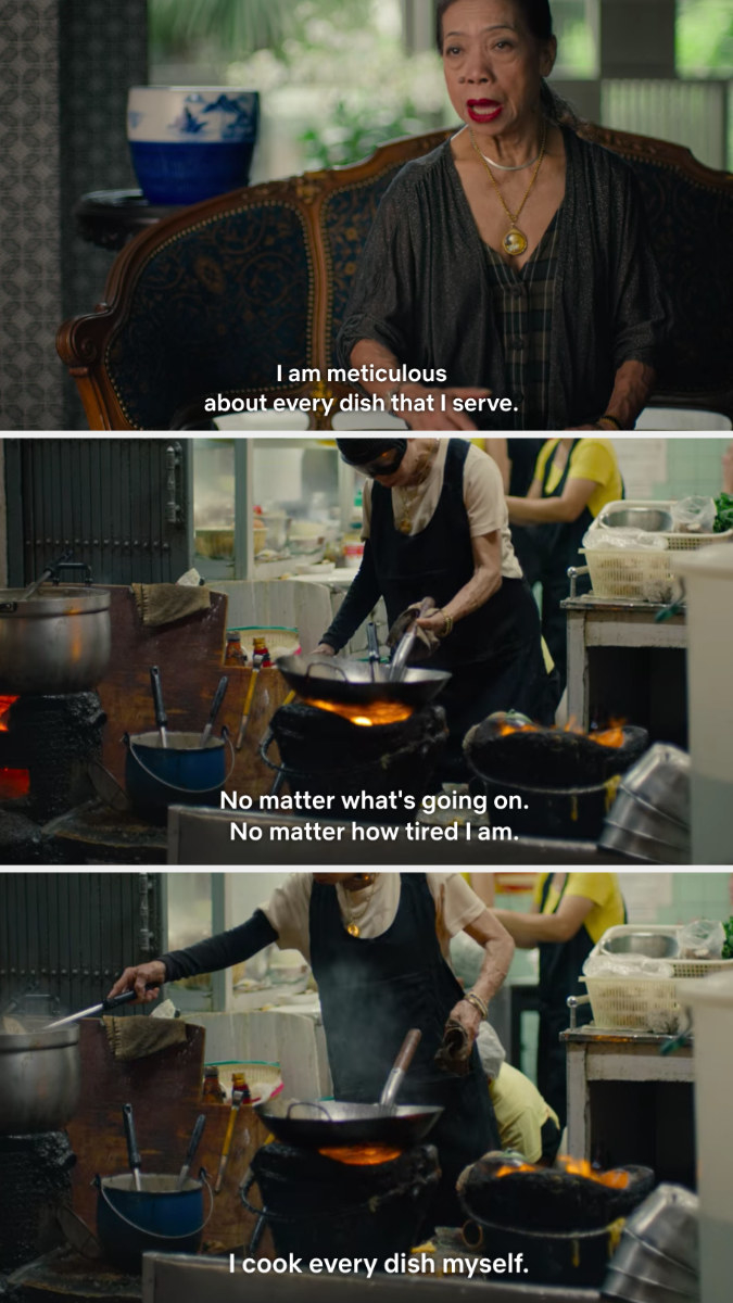 Chef talking to the camera, saying, &quot;I am meticulous about every dish that I serve,&quot; and then shot of her cooking in a wok over an open flame at a street food vendor, saying she &quot;cooks every dish herself&quot;