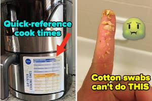 L: a reviewer photo of a magnetic cheat sheet on an air fryer and text reading "quick-reference cook times", R: a reviewer finger covered in ear wax and text reading "cotton swabs can't do THIS"
