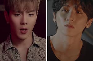 Two Monsta X members face each other in a music video