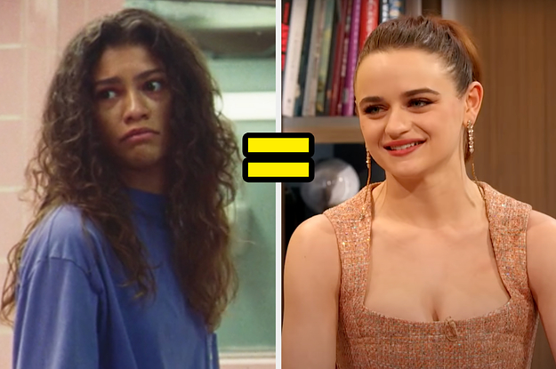 On the left, Zendaya as Rue on Euphoria, and on the right, Joey King with an equals sign in the middle