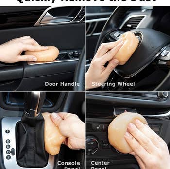 four grid image of the putty being used in a car on the door handle, steering wheel, console panel, and center panel