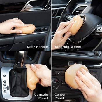 four grid image of the putty being used in a car on the door handle, steering wheel, console panel, and center panel