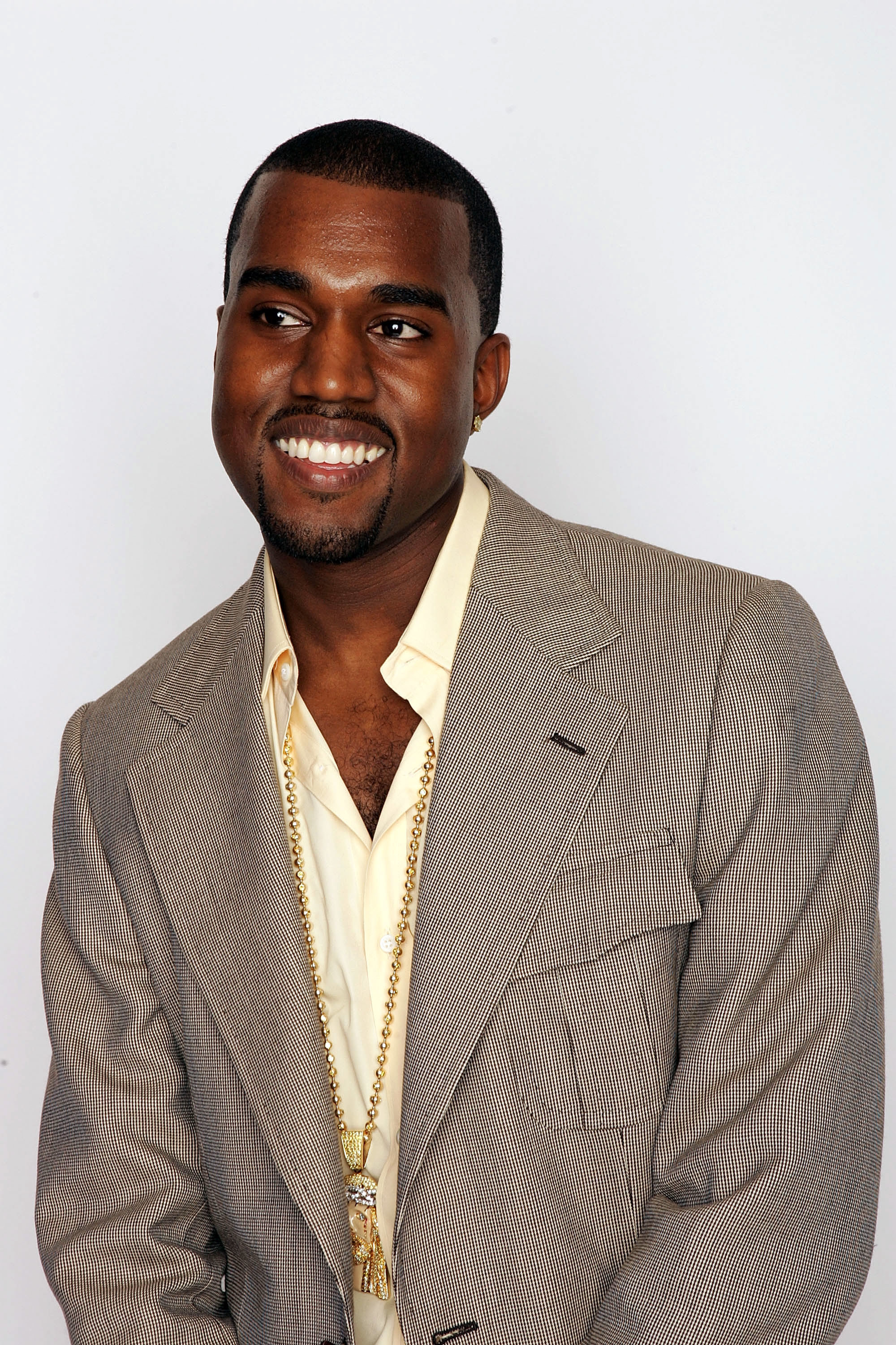 Kanye West poses for a picture backstage during the 2004 World Music Awards