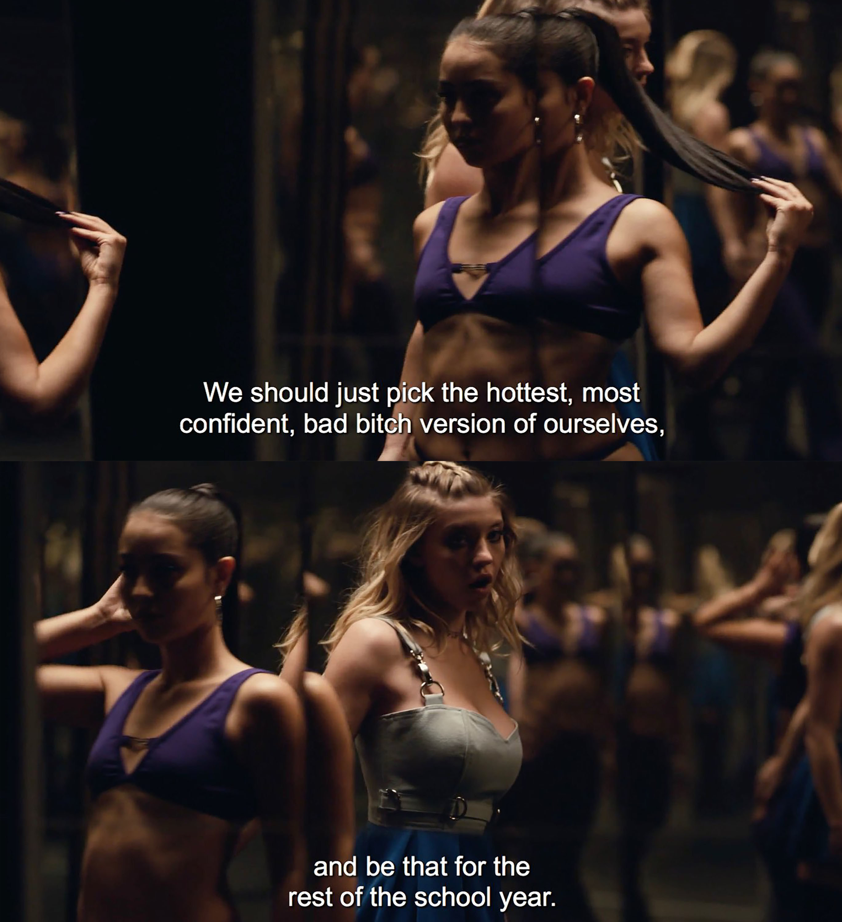 Alexa Demie as Maddy and Sydney Sweeney as Cassie hype themselves in the mirror in &quot;Euphoria&quot;