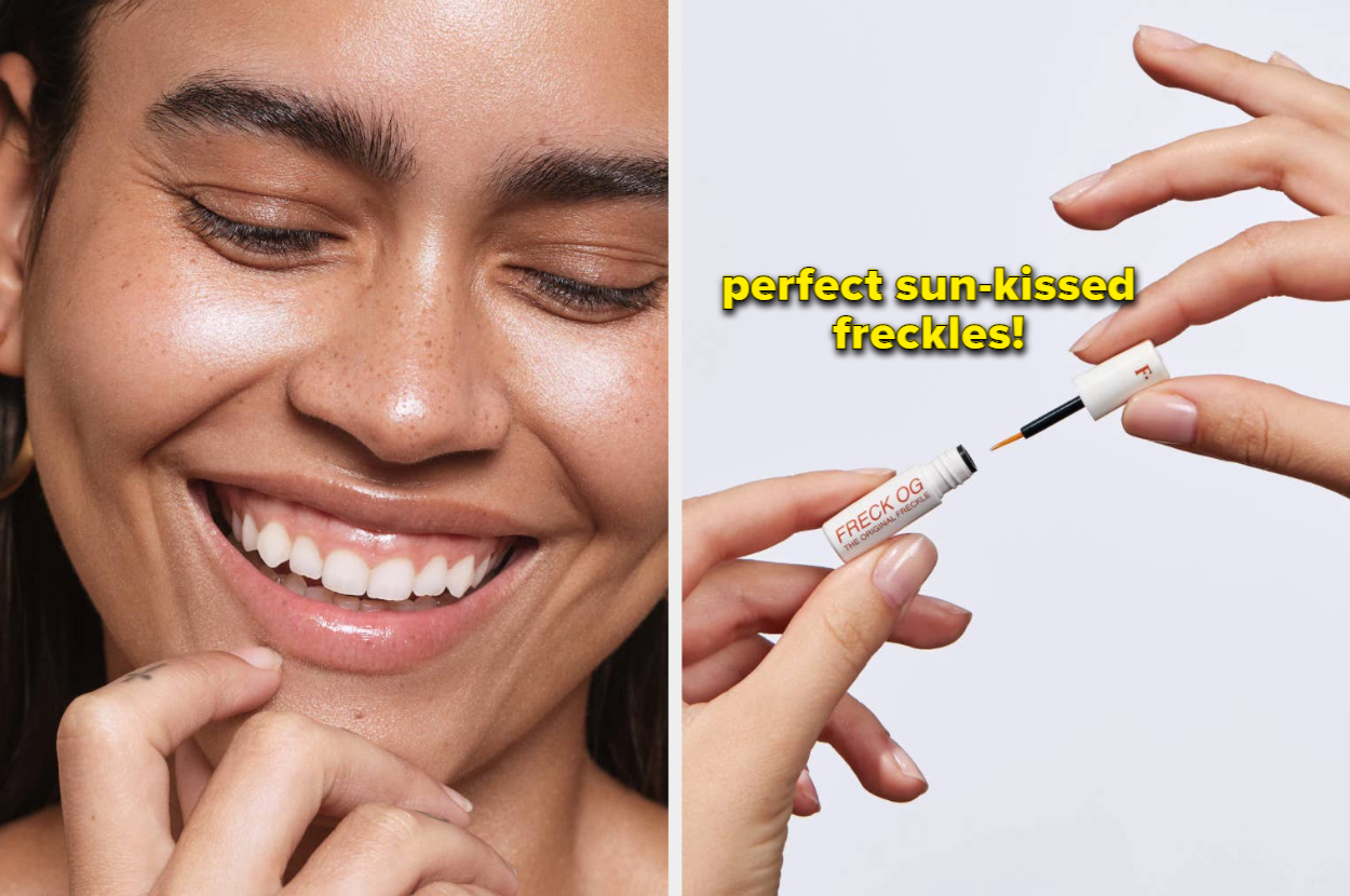 left image: model wearing saie highlighter, right image: model holding freck mini