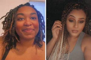 Two Black women with different hairstyles: faux locs and box braids