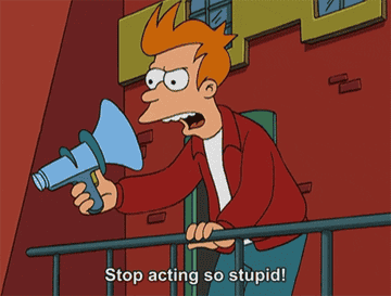 Phillip J. Fry yelling into the wrong end of a megaphone in Futurtama