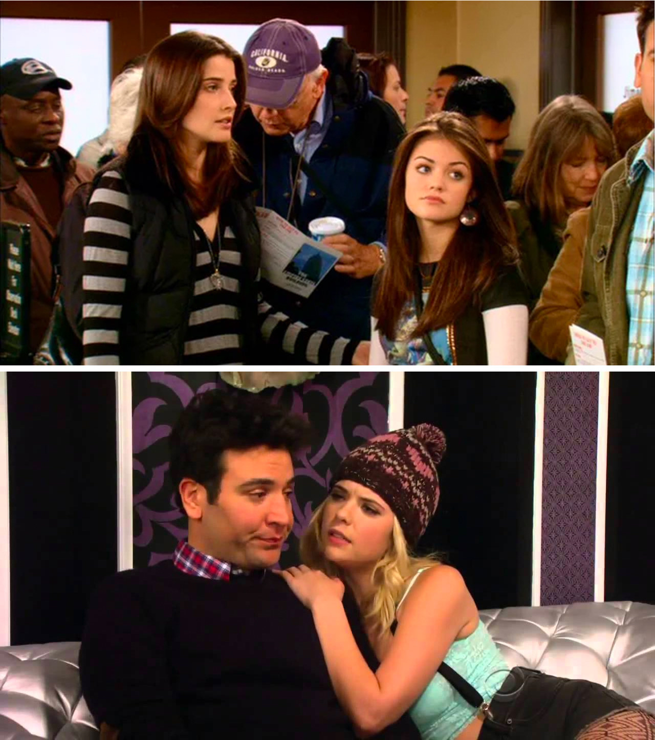 Two images: a young Lucy Hale standing beside Robyn from How I Met Your Mother, and a young Ashley Benson cuddling Ted from How I Met Your Mother