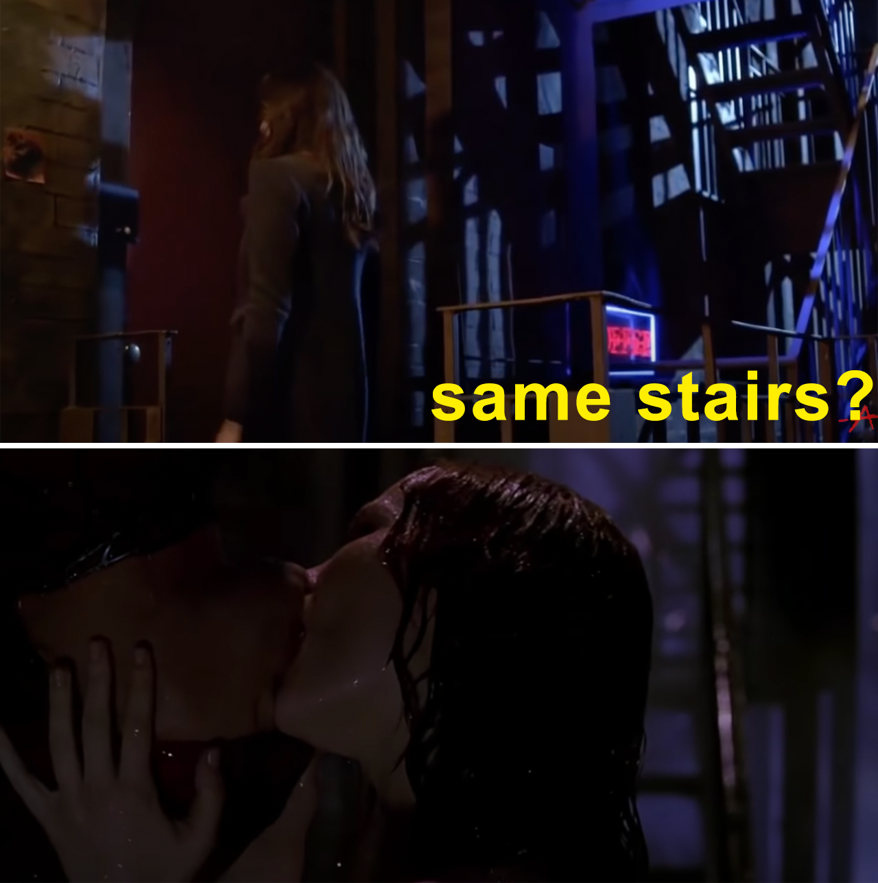 The top image shows Spencer standing on a fire escape in front of a door, and. the second scene shows Spider-Man kissing Mary-Jane, with a similar fire escape in the background.