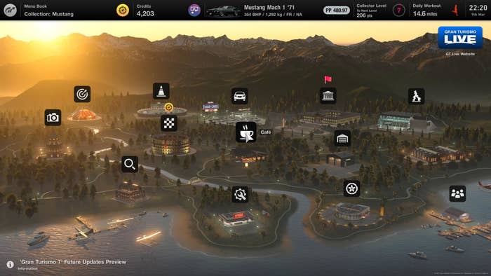 The world map of the racing game &quot;Gran Turismo 7&quot; showing an island at sunset with all the icons representing different activities to do in the game