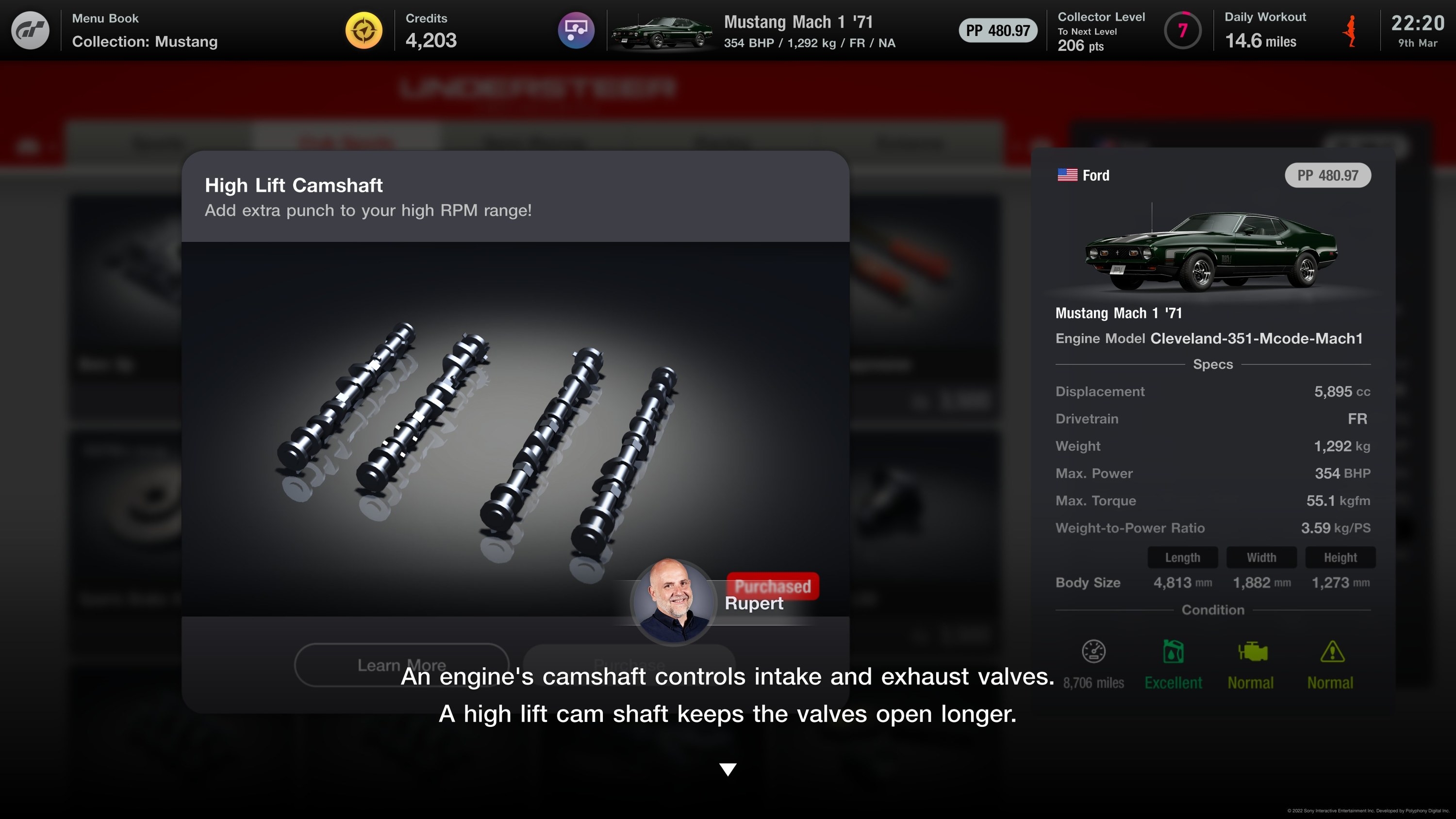 A &quot;Gran Turismo 7&quot; character Rupert explaining what a high lift camshaft is in the tune menu saying &quot;An engine&#x27;s camshaft controls intake and exhaust valves A high lift cam shaft keeps the valves open longer.&quot;