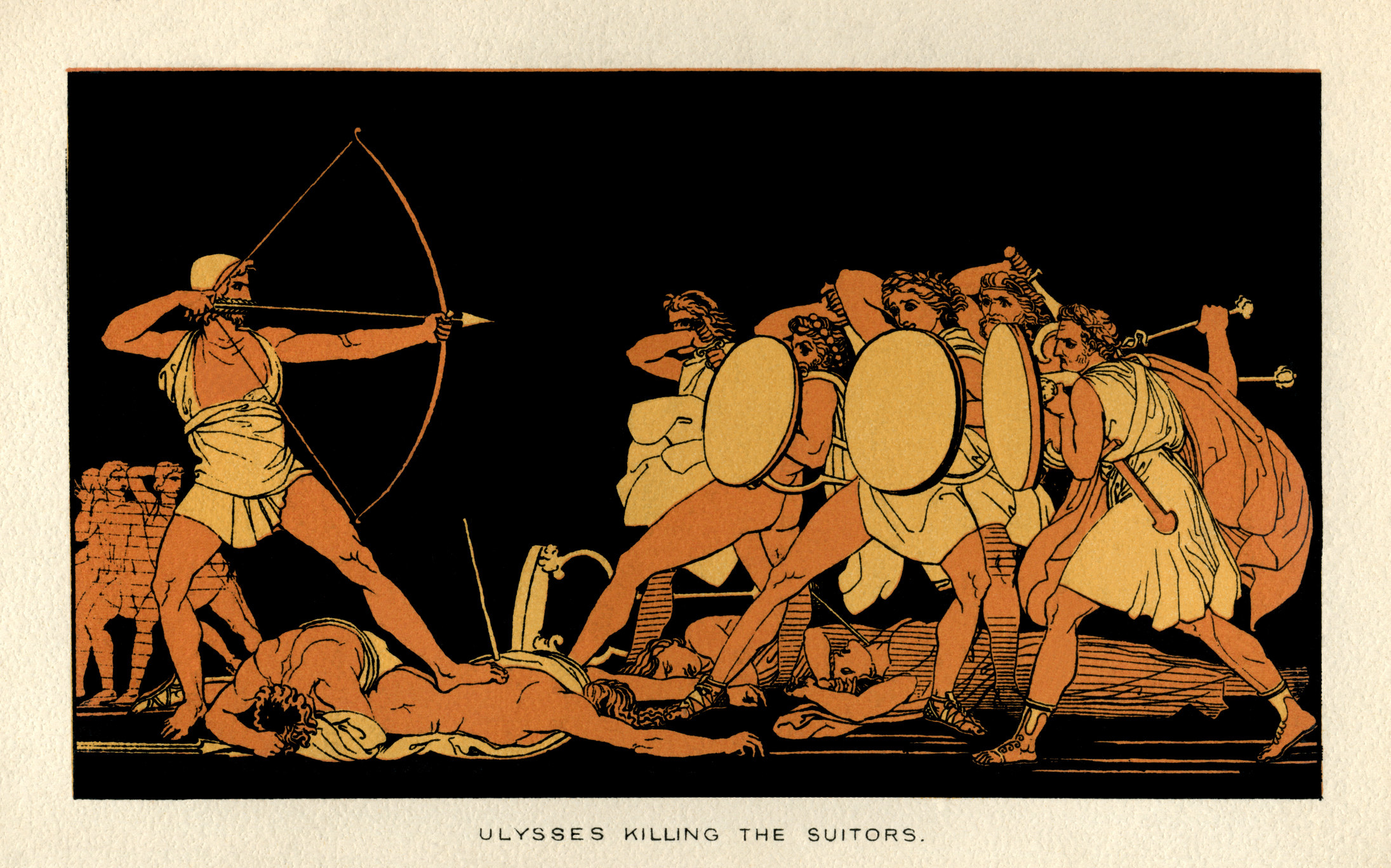 Illustration of Odysseus aiming his bow &amp;amp; arrow at the suitors, who recoil holding up shields with 4 dead bodies on the ground between them