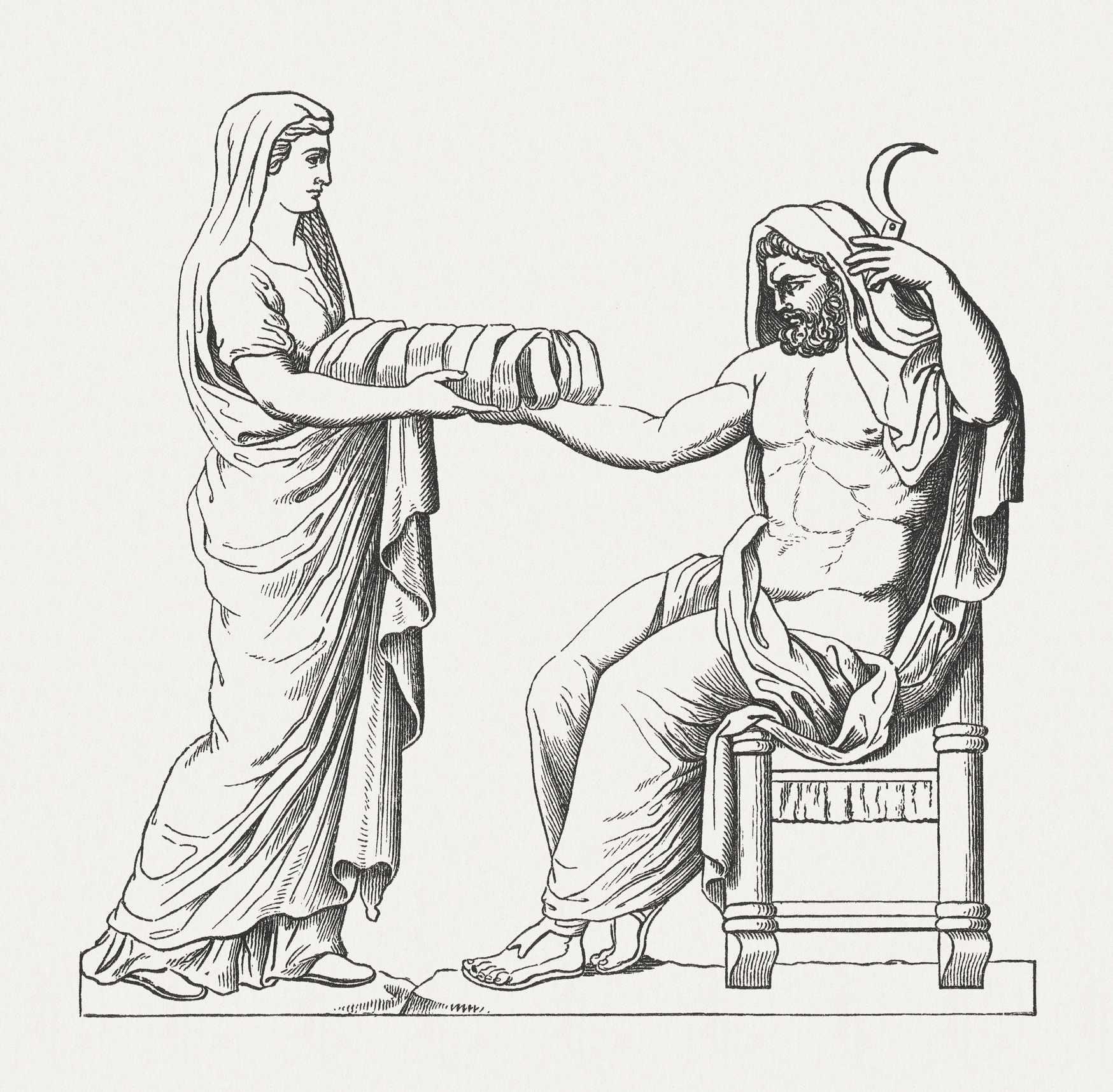 Rhea presenting Kronos with the stone wrapped in cloth
