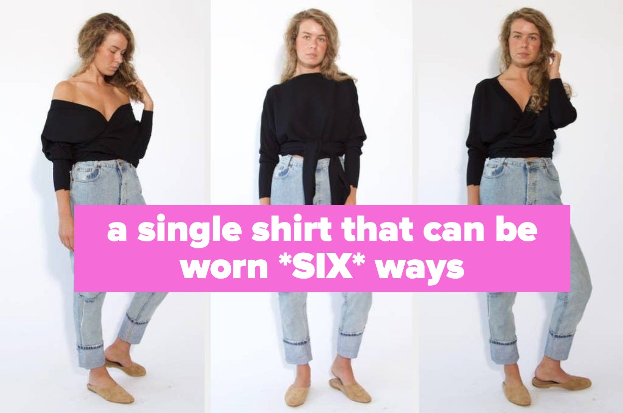 a model wearing the same black shirt in three different ways
