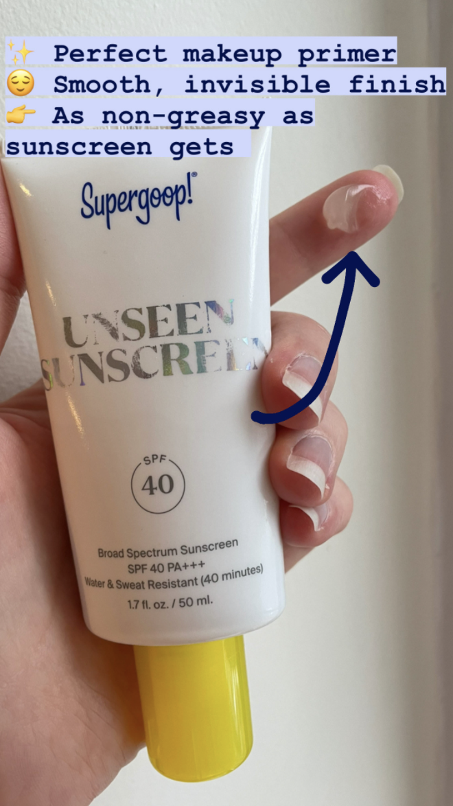 sunscreen with some facts notated on image about how it&#x27;s great under makeup