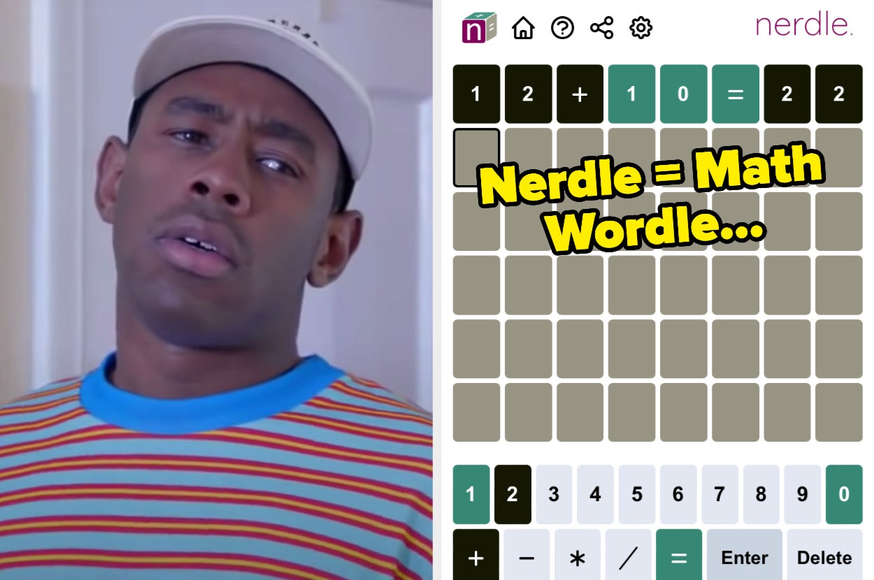 On the left, Tyler the Creator furrowing his brows, and on the right, a screenshot of math equations of Nerdle labeled Nerlde equals math Wordle