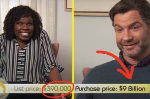 Screenshots of an SNL "House Hunters" skit with Leslie Jones smiling and text: "list price: $390,000" and the purchase price: $9 billion