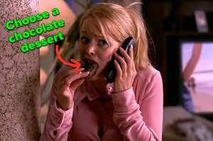 "Choose a chocolate dessert:" is written above Regina George as she eats a donut
