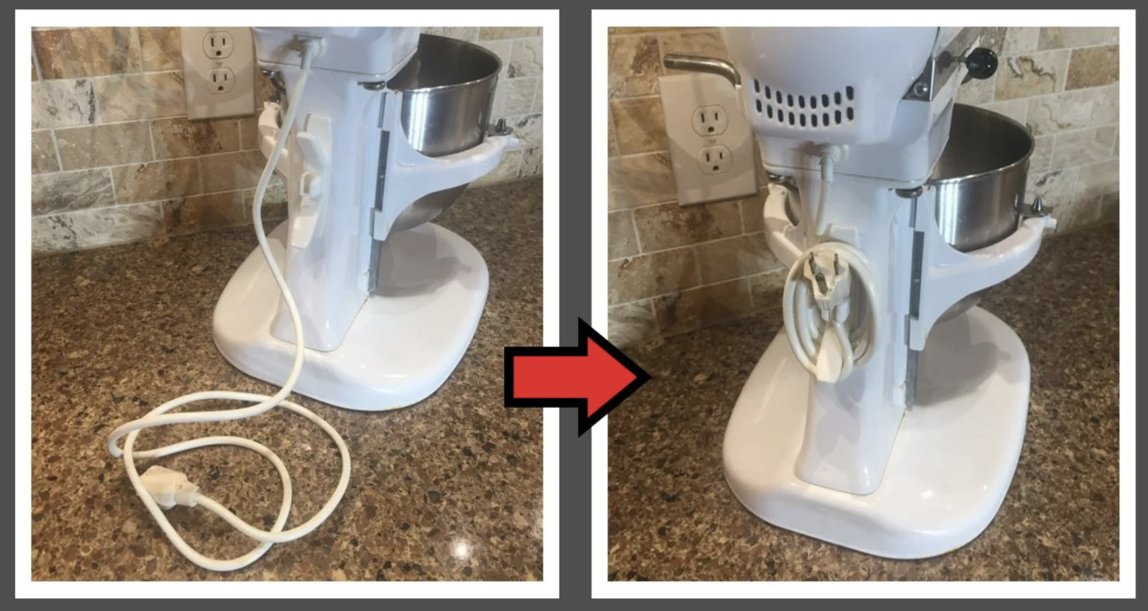 A before and after picture of the chord from a kitchen mixer