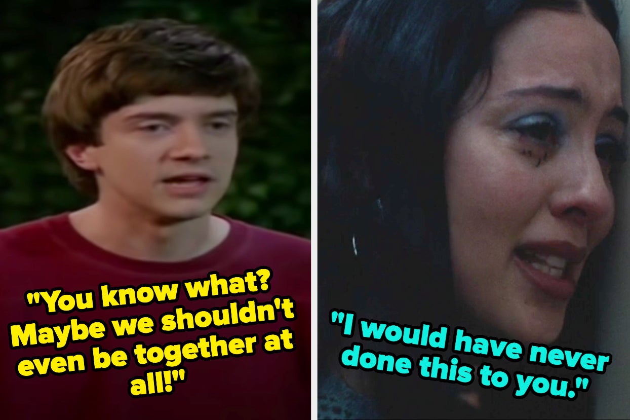 Left: Topher Grace as Eric Forman looks forward in "That 70's Show" Right: Alexa Demie as Maddy Perez leans her head against a door as she cries in "Euphoria"