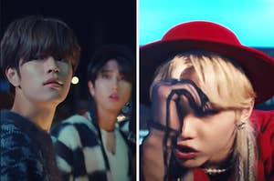 Stray Kids are posing in two different music videos 