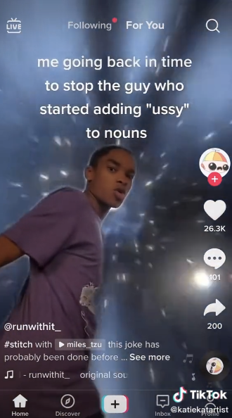 Screenshot from a TikTok reads &quot;Me going back in time to stop the guy who started adding &#x27;ussy&#x27; to nouns&quot;