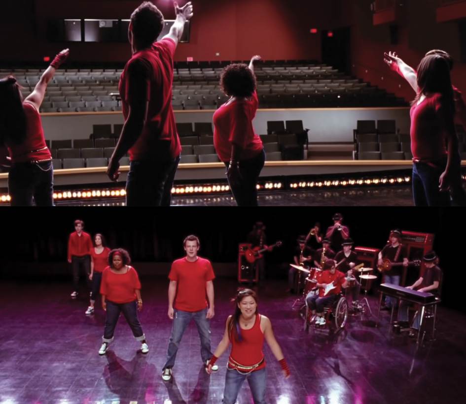 The Glee club, wearing jeans and brightly colored t-shirts, stand on the stage in their high school auditorium
