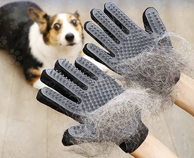 A person wearing the gloves covered in fur with a dog in the background