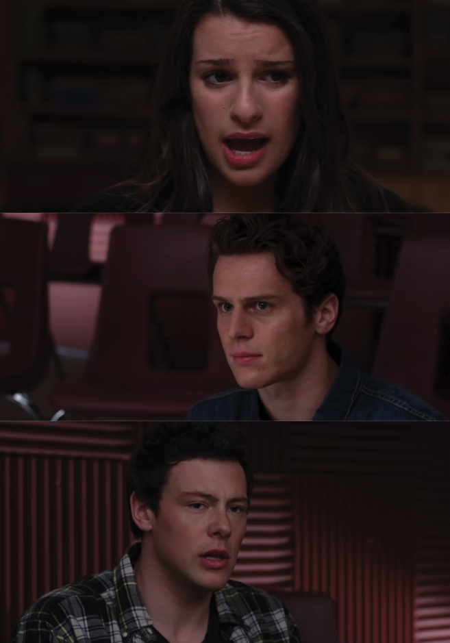 A close up of Rachel Berry, Jesse St. James, and Finn Hudson as they sit in the choir room