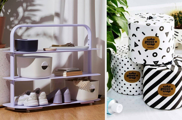 a three-tier lilac shoe rack; three rolls of toilet paper with designs