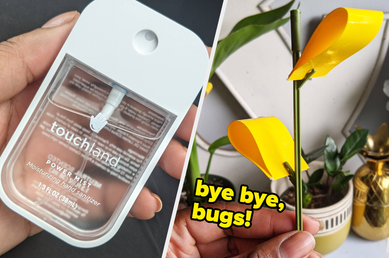 A person holding a bottle of hand sanitizer, A person holding a small stake with sticky tab attached to side to catch bugs