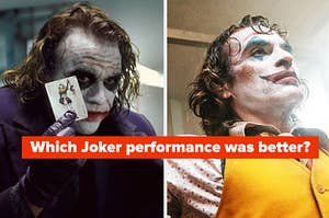 heath ledger as the joker on the left and joaquin phoenix as the joker on the right with the question which performance was better