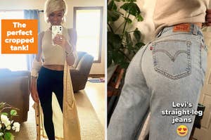 (left) cropped tank top (right) Levi's straight-leg jeans
