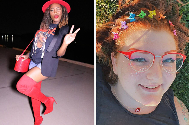 reviewer wearing a red hat with a matching purse and boots / reviewer wearing assorted butterfly clips in their hair