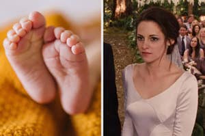 On the left, some baby feet, and on the right, Bella from Twilight wearing her wedding dress