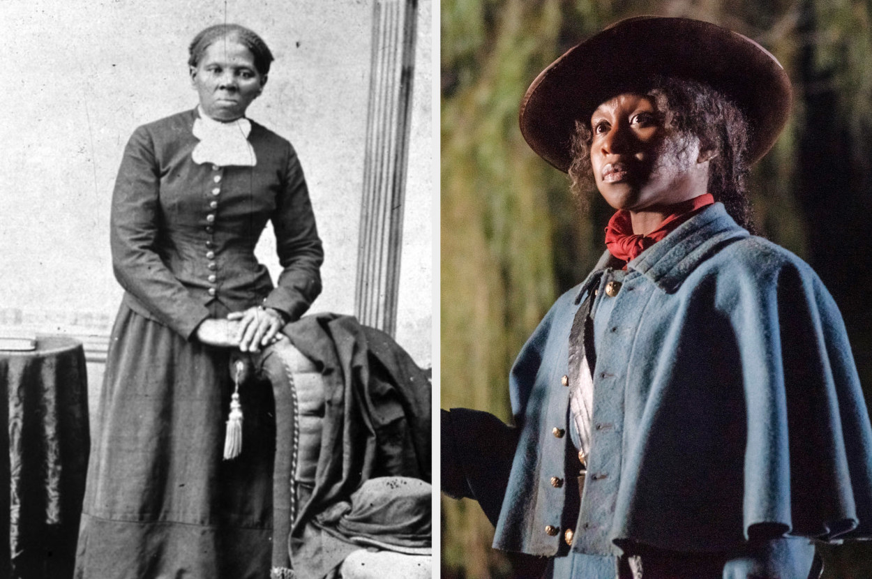 a black and white portrait of Tubman and Cynthia Erivo side by side