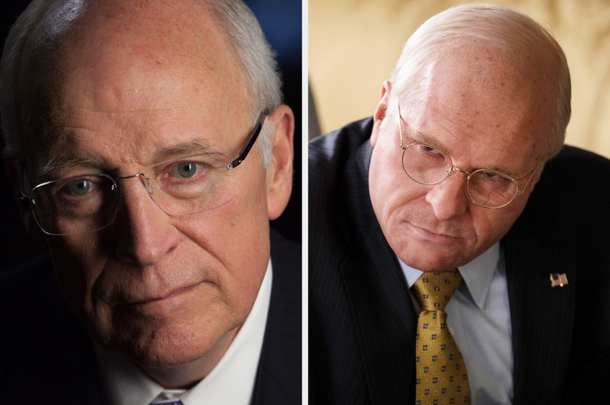 Dick Cheney and Christian Bale as Cheney is a suit with an American flag pin