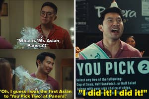 Left: Bowen Yang asks Simu Liu what "Mr. Asian Panera" is and Simu says that he was the first Asian to Pick Two at Panera Right: Simu Liu yells "I did it! I did it!" In a Panera Bread in "Saturday Night Live"
