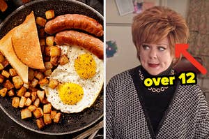 On the left, a plate with sausages, fried eggs, toast, and home fries, and on the right, Melissa McCarthy with a Karen haircut as Michelle in The Boss with an arrow pointing to her and over 12 typed under her face