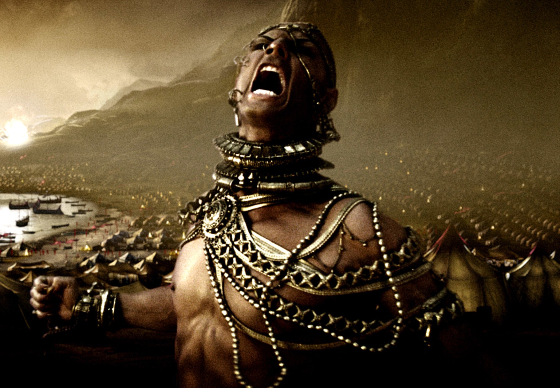 Rodrigo Santoro in 300 in a chained warrior outfit and looking fierce