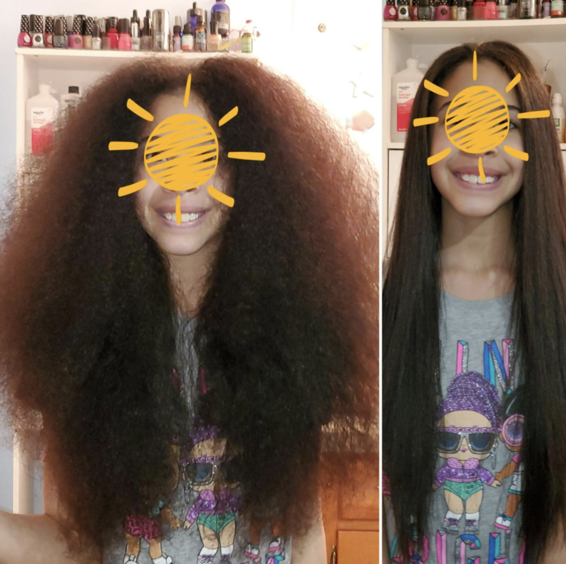 A reviewer with large hair before using the product / A reviewer with smooth, straight hair after using the product