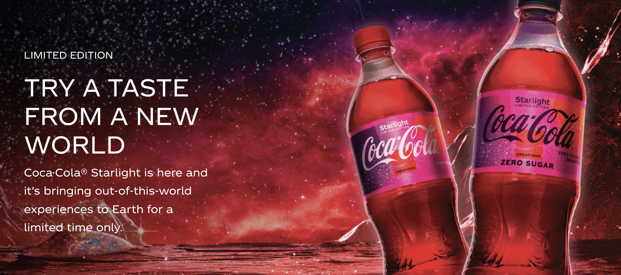 A screenshot from Coke&#x27;s website with a promotional photo of the new Starlight flavor
