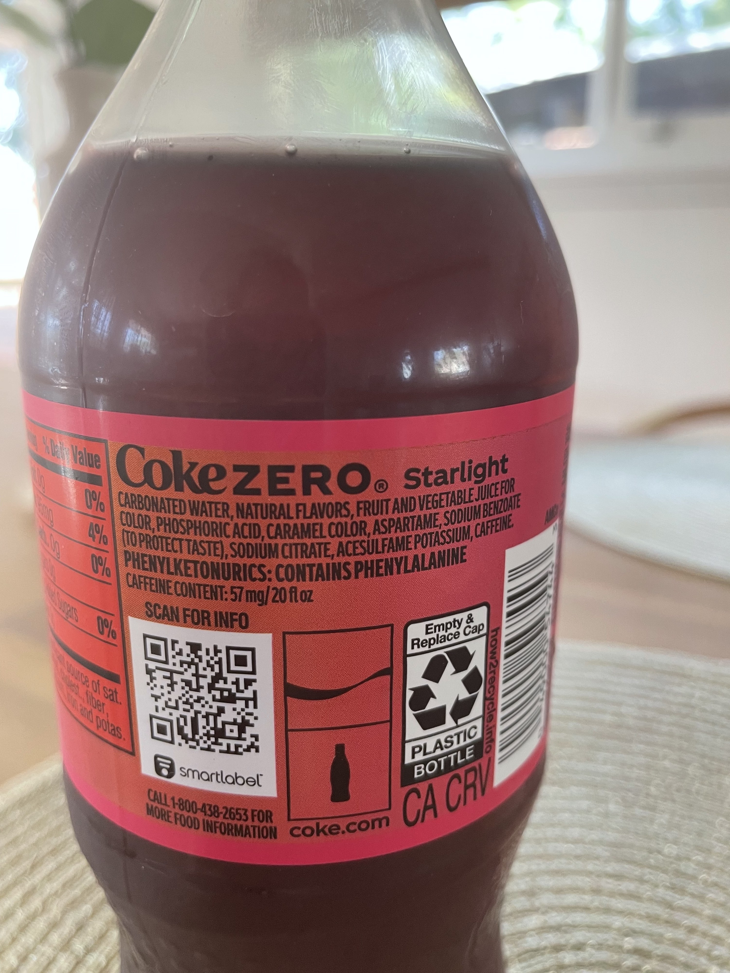 A close-up of the ingredients list, which is about the same as regular Coke Zero except for the fruit and vegetable juice