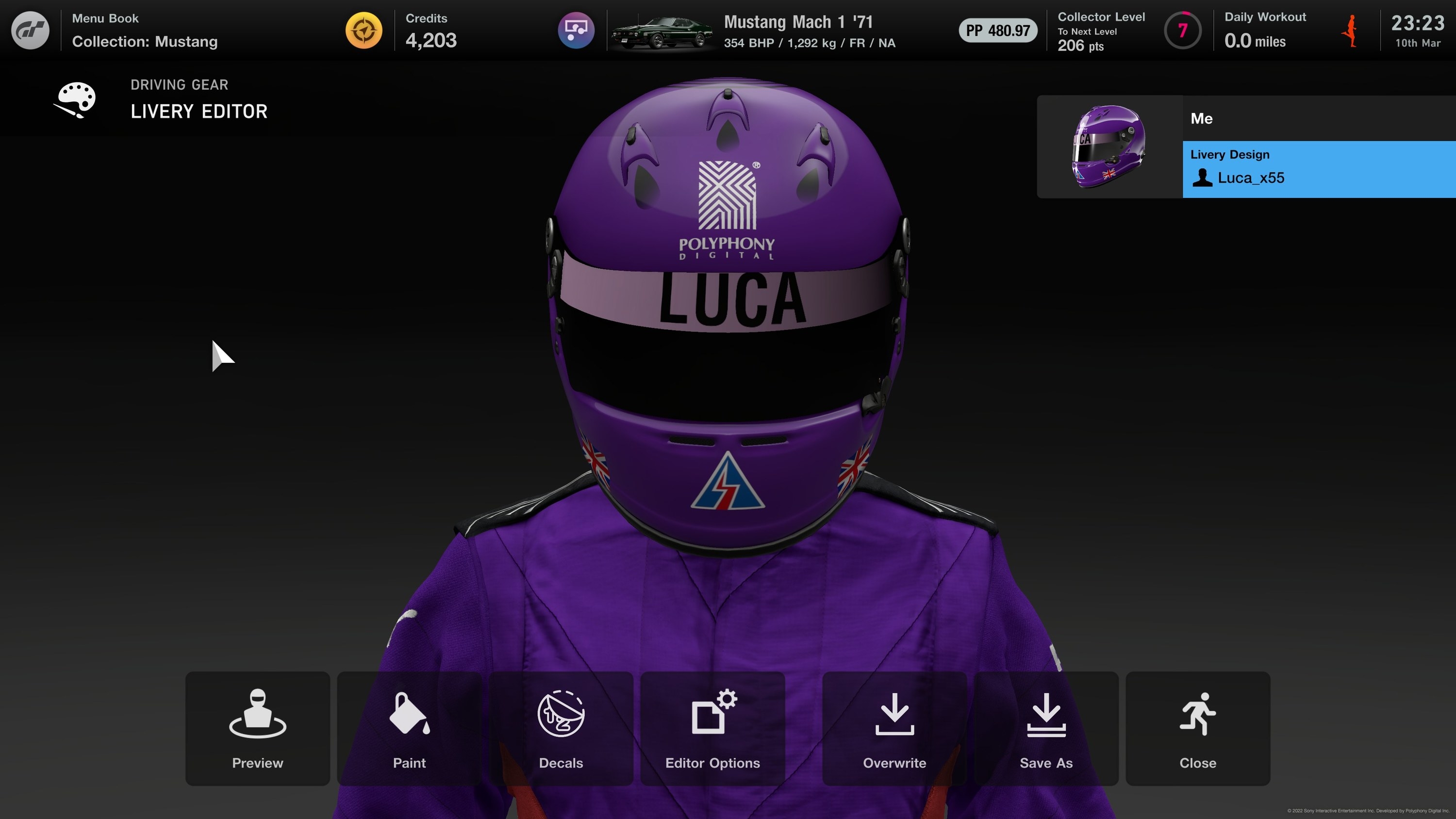 My race driver in &quot;Gran Turismo 7&quot; with my name &quot;LUCA&quot; across the helmet