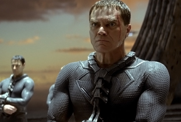 Michael Shannon as General Zod bound and looking furiously onwards