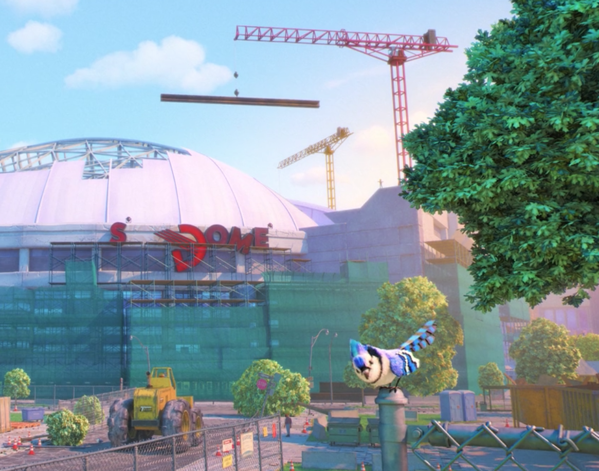 A blue jay on a fence post in front of the SkyDome, which has been demolished because of what happens in the movie; cranes are seen above the SkyDome